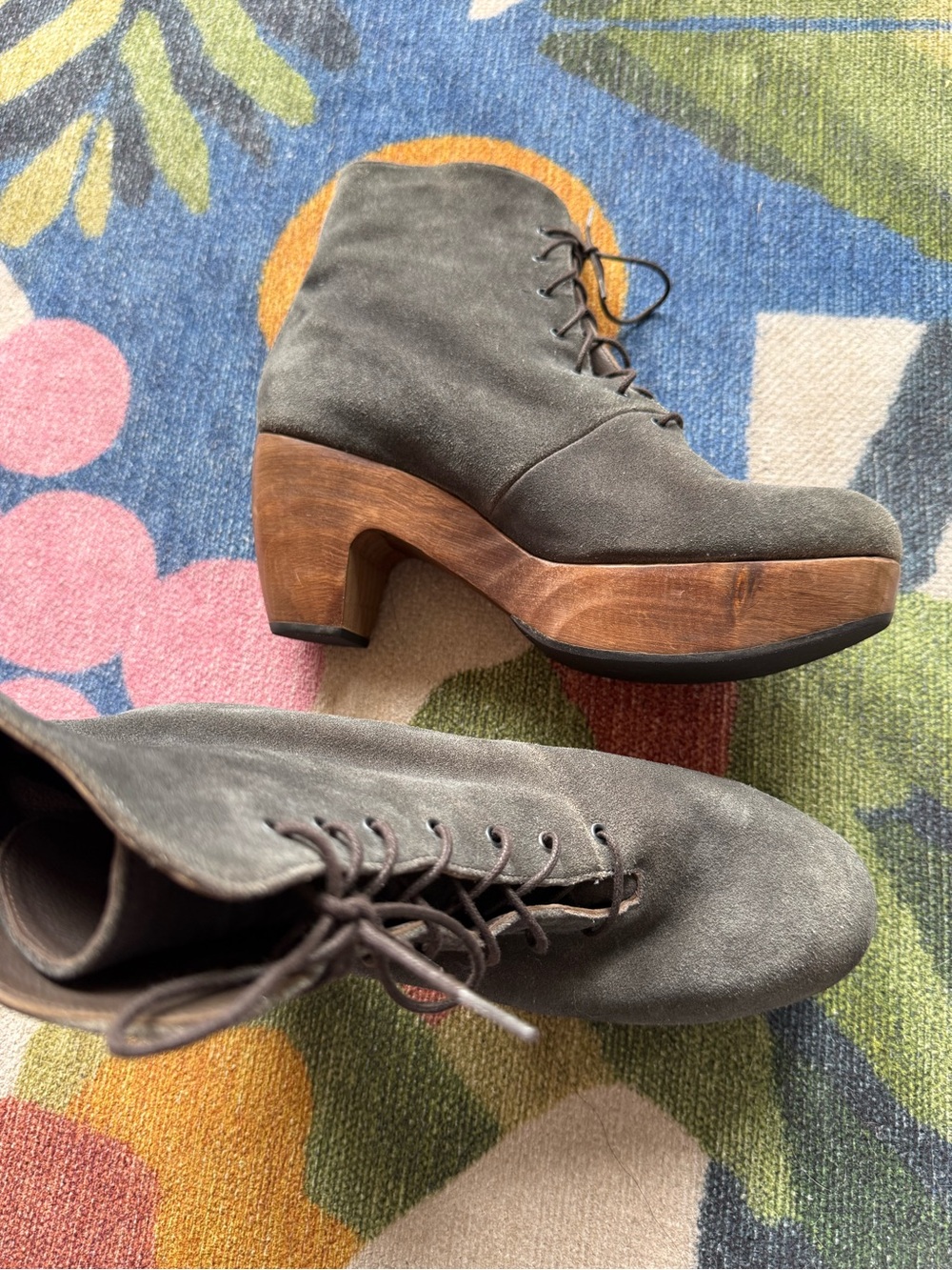 Coclico Lace-Up Suede Ankle Boots in Gray with Wooden Platform Heel